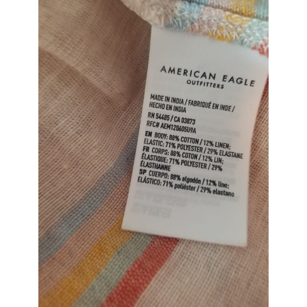 American Eagle Medium Top Smocked Peplum Crop Linen Blend Striped Women’s - Picture 7 of 10